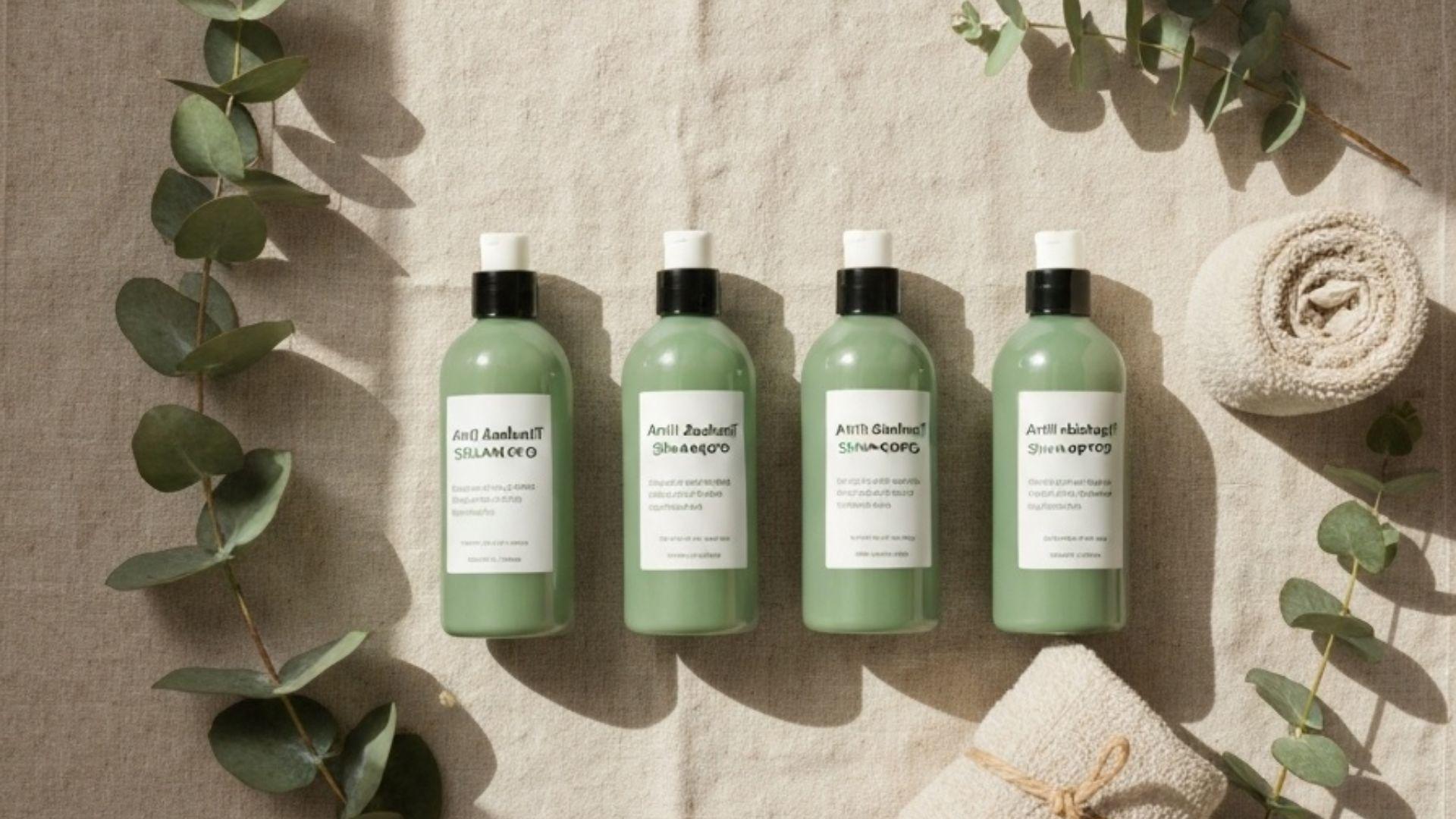 Flatlay av anti-flass-shampoo-flasker arrangert på krem lin-tekstil med eukalyptus-grener og spa-håndkle, varmt dagslys