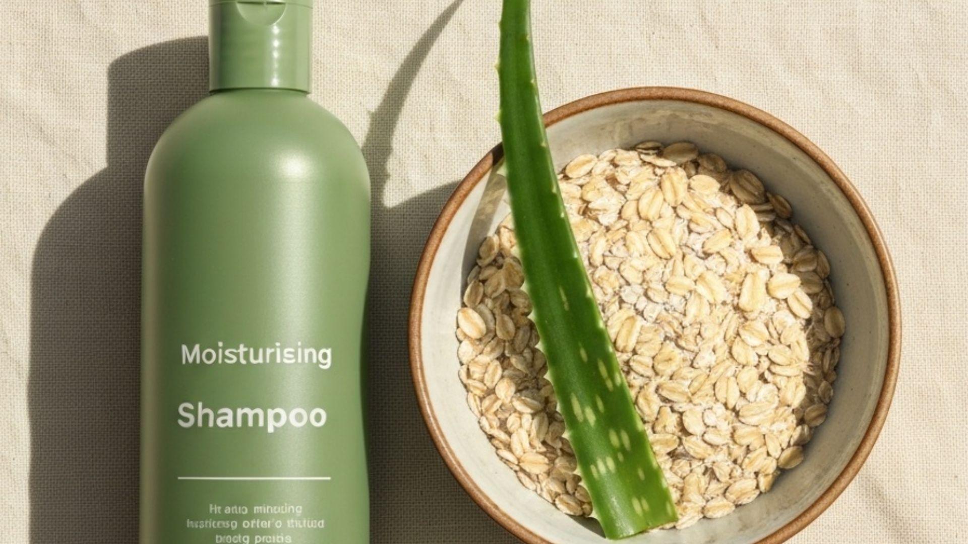 Flatlay av fuktgivende shampoo med keramisk skål havregryn og fersk aloe vera-blad på krem lin, varmt dagslys