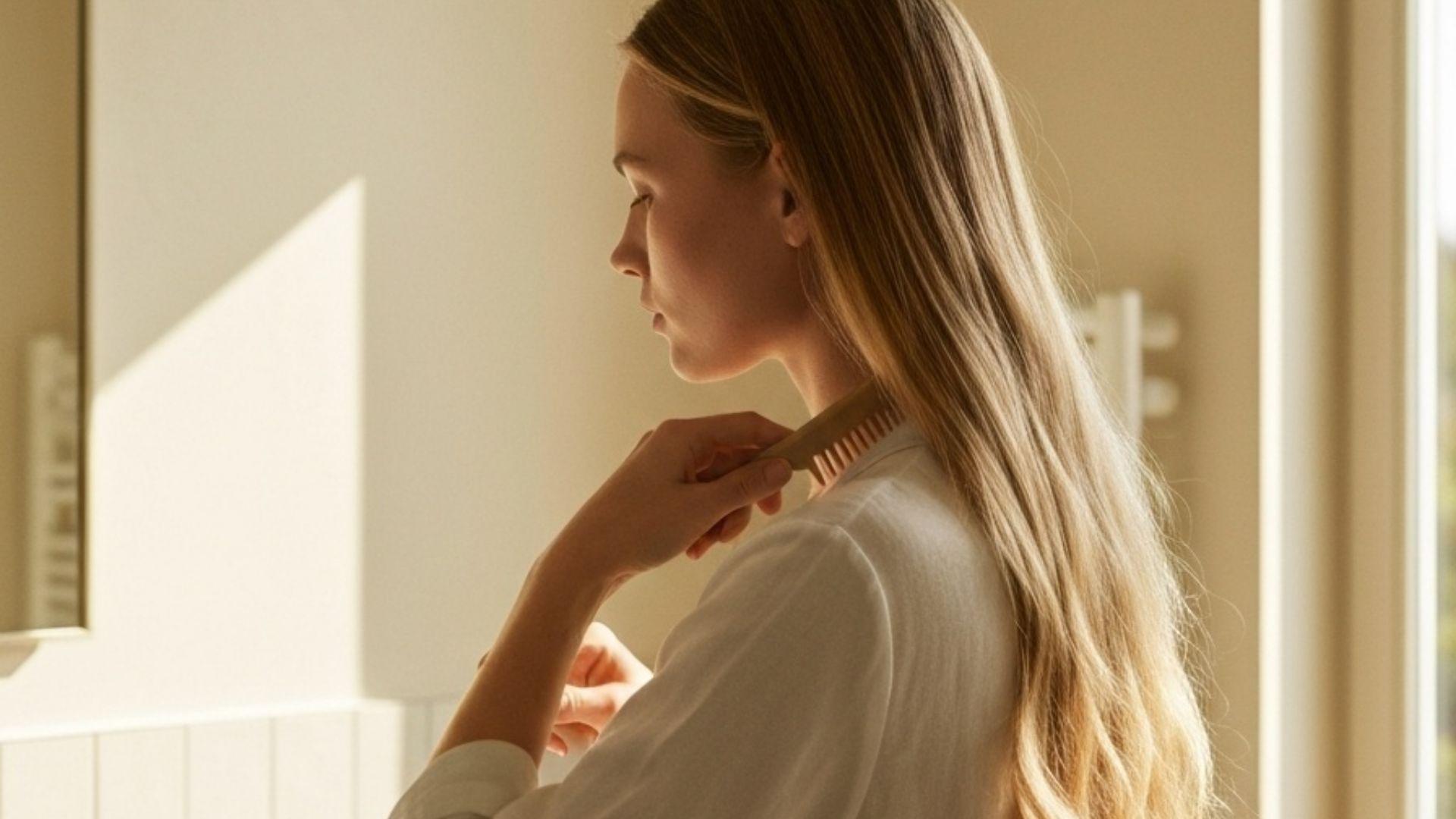 Person kammer rent hår i varmt bad-dagslys, nøytrale krem- og sagetoner, minimalistisk wellness-estetikk