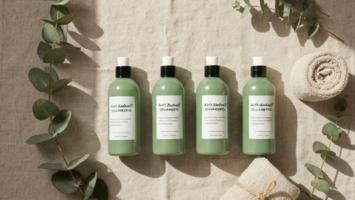 Flatlay av anti-flass-shampoo-flasker arrangert på krem lin-tekstil med eukalyptus-grener og spa-håndkle, varmt dagslys